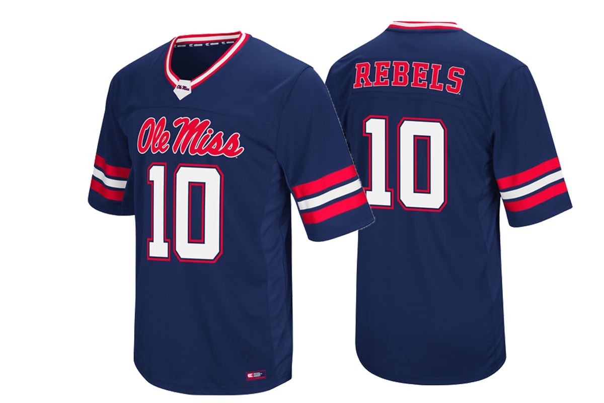 Ole Miss Rebels Men's NCAA #10 Navy Colosseum Hail Mary II College Football Jersey SCW4149SC